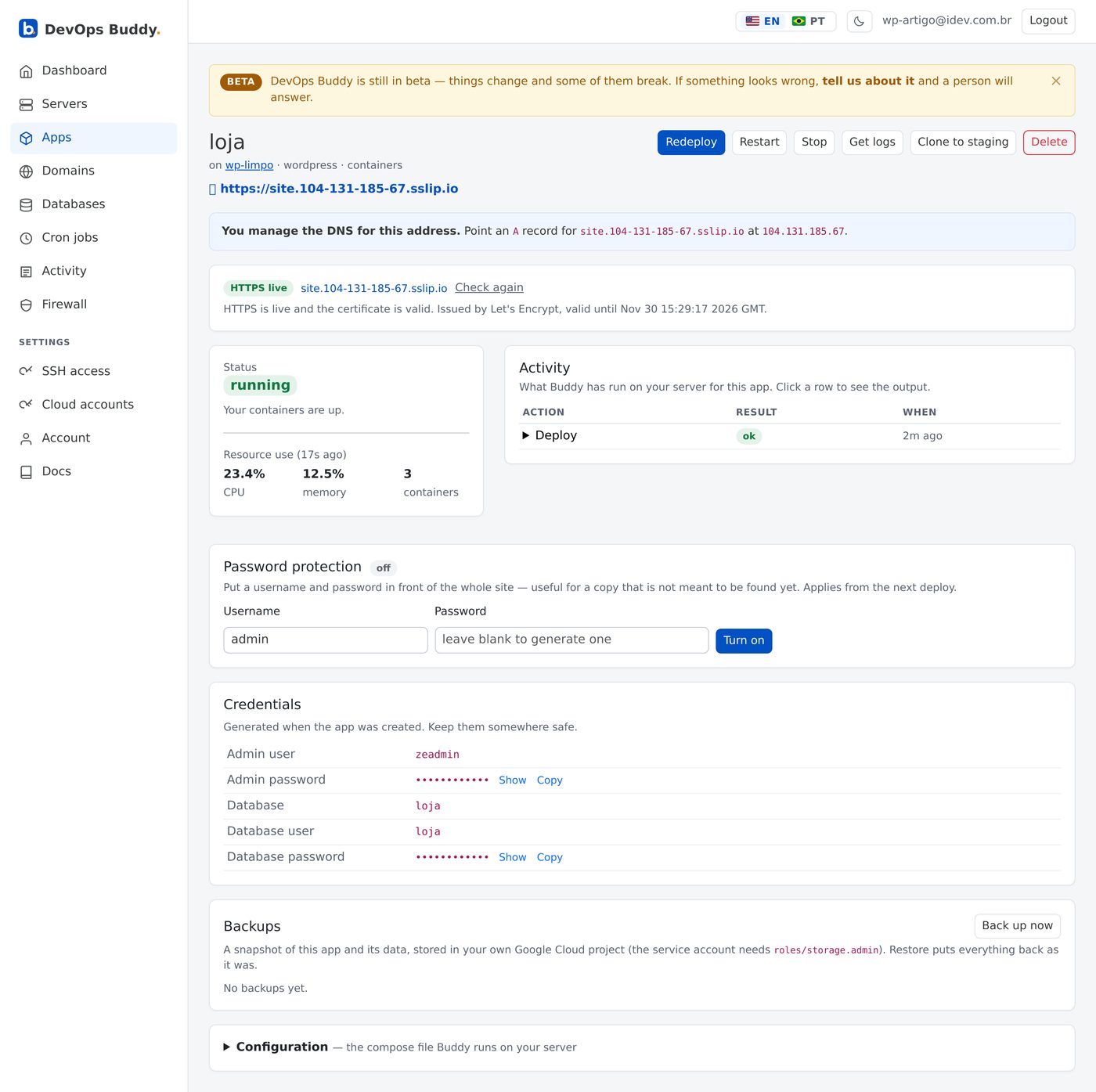 The app page: running, HTTPS live, credentials generated