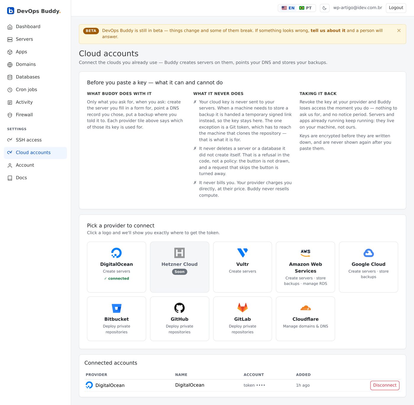 The cloud accounts page, with the panel explaining what a token can and cannot do