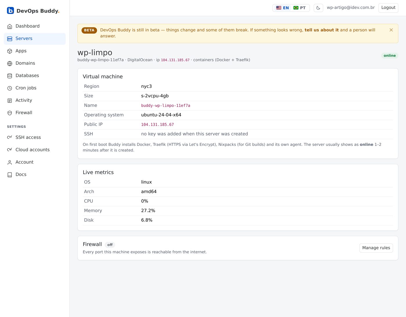 The server page, online, with live metrics