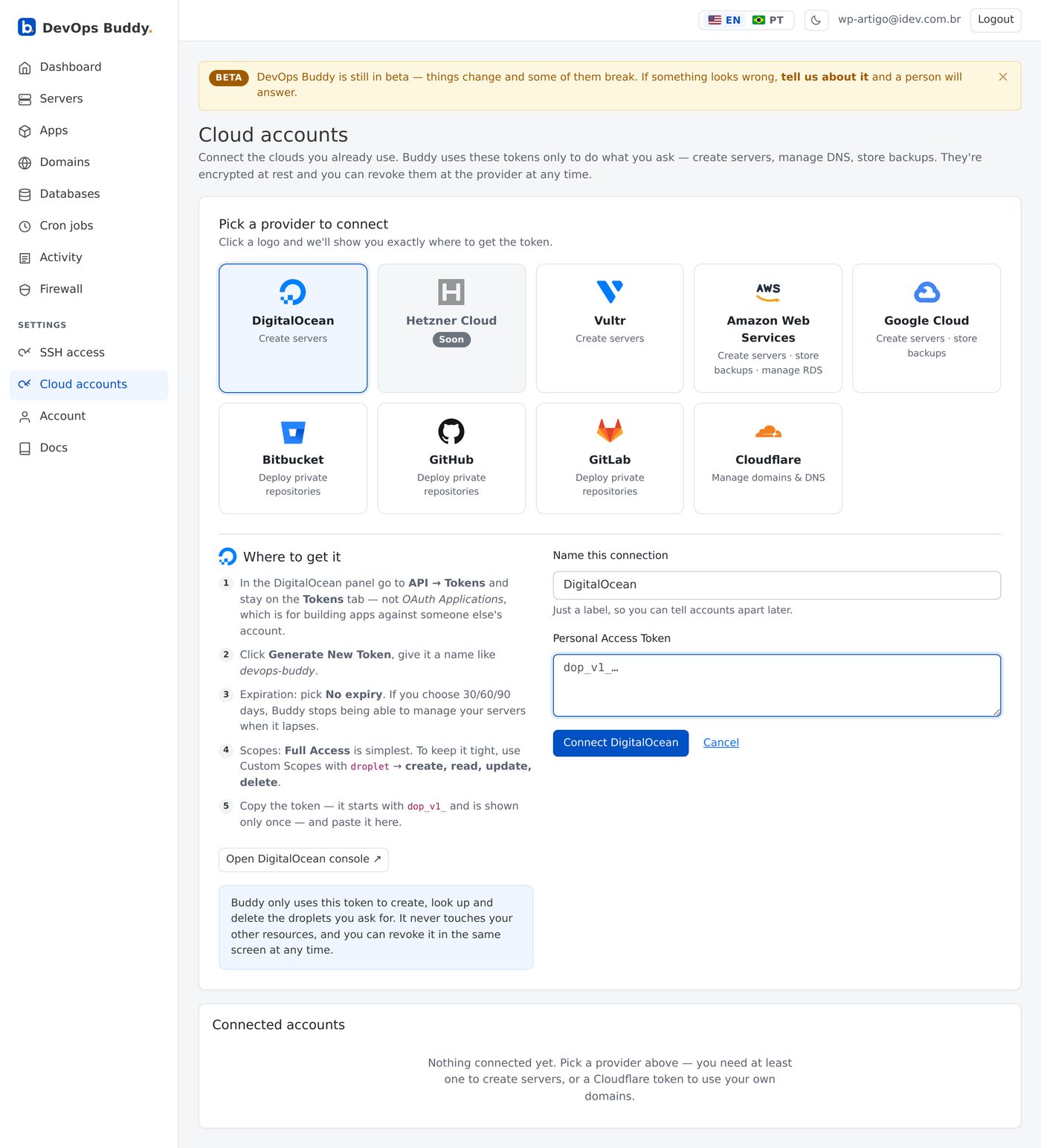 The DigitalOcean form, with the steps for finding the token
